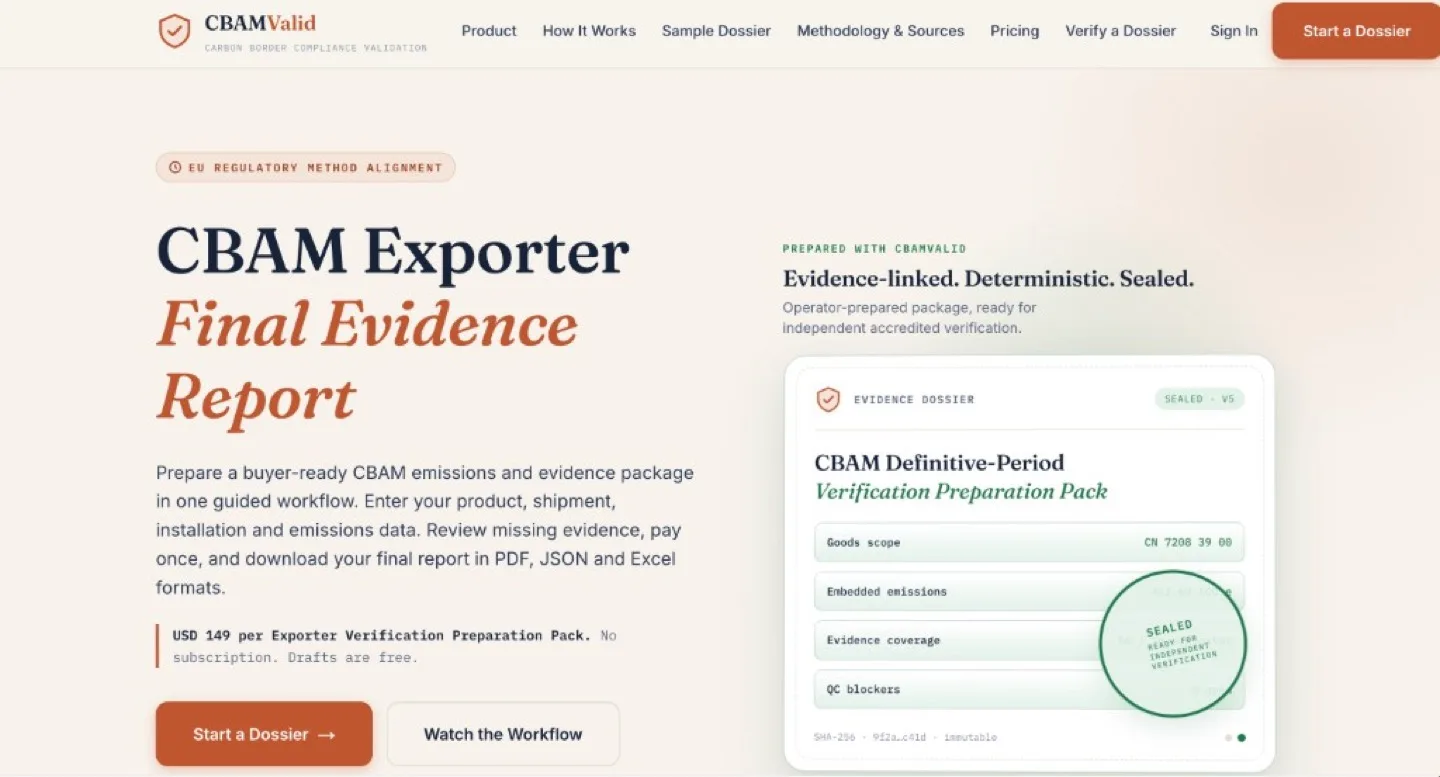 CBAMValid — canlı ürün ekranı